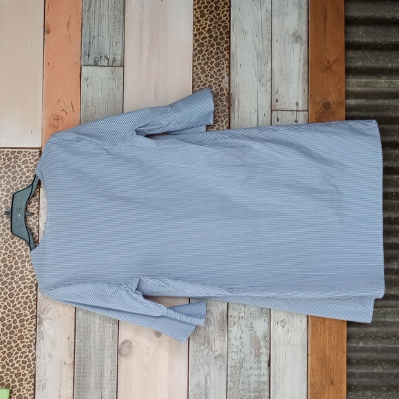 NWOT Tacera PL Blue and White Striped Dress w/ Faux Pearl Beading & Bell Sleeves - Picture 7 of 13